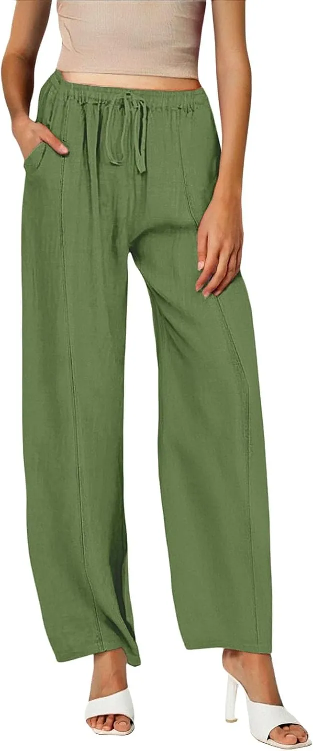Women Linen Pants Summer Trouser Pant Cotton Blend Drawstring Elastic Waist Wide Leg Pants Women Linen Comfy Linen Pants