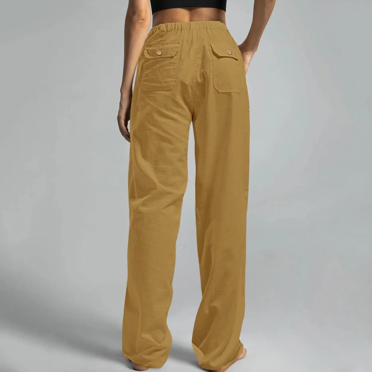 Women Linen Summer Flowy Pants Elastic Waist Ankle Length Slim-Fit Palazzo Lounge Pants Beach