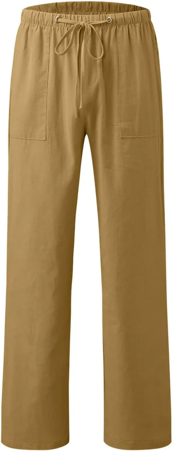 Women Linen Summer Flowy Pants Elastic Waist Ankle Length Slim-Fit Palazzo Lounge Pants Beach