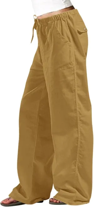 Women Linen Summer Flowy Pants Elastic Waist Ankle Length Slim-Fit Palazzo Lounge Pants Beach