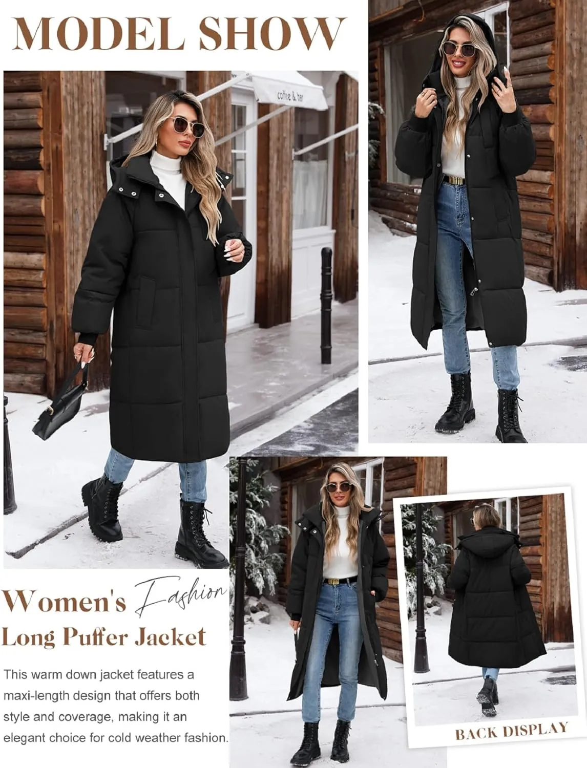 Women Long Puffer Coat Winter Warm Hooded Jacket Long Sleeve Parka Full Length Down Coats With Zip