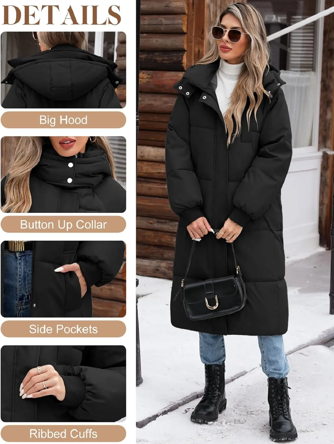 Women Long Puffer Coat Winter Warm Hooded Jacket Long Sleeve Parka Full Length Down Coats With Zip