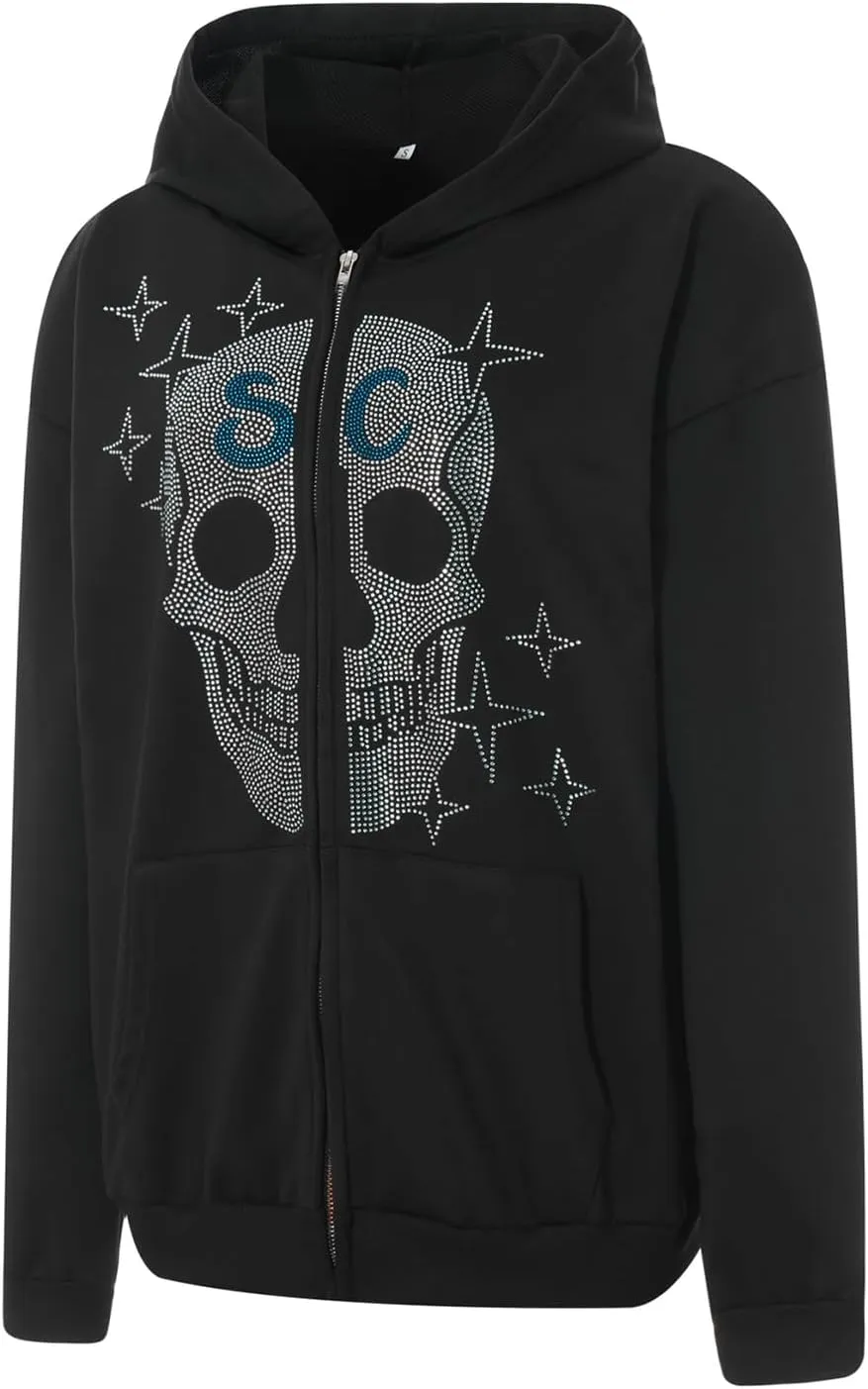 Women Men Oversized Zip Up Hoodie Sweatshirt Rhinestone Skeleton Sweatshirt Loose Fit Aesthetic Hoodies
