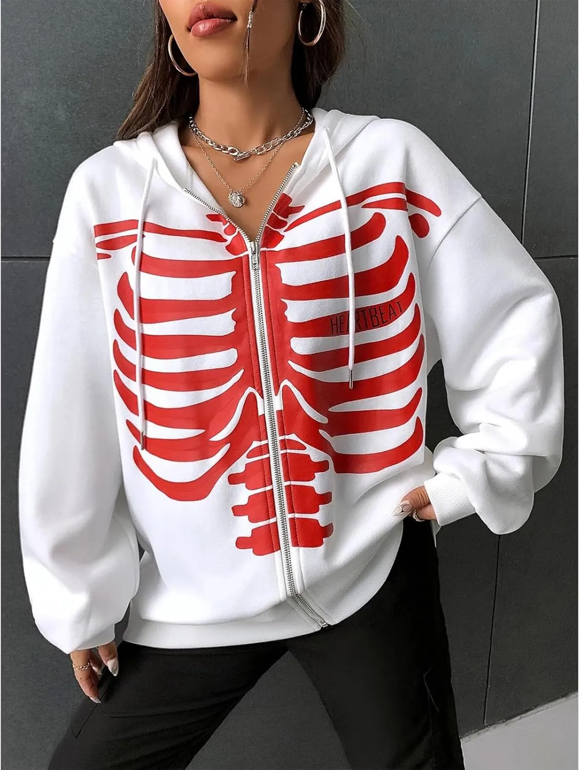 Women Men Oversized Zip Up Hoodie Sweatshirt Rhinestone Skeleton Sweatshirt Loose Fit Aesthetic Hoodies