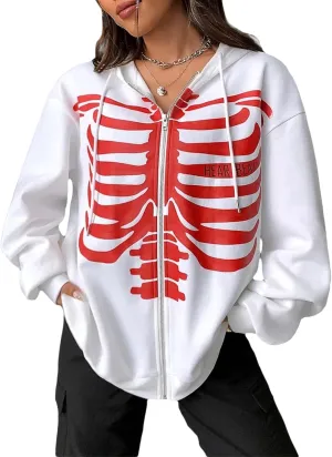 Women Men Oversized Zip Up Hoodie Sweatshirt Rhinestone Skeleton Sweatshirt Loose Fit Aesthetic Hoodies