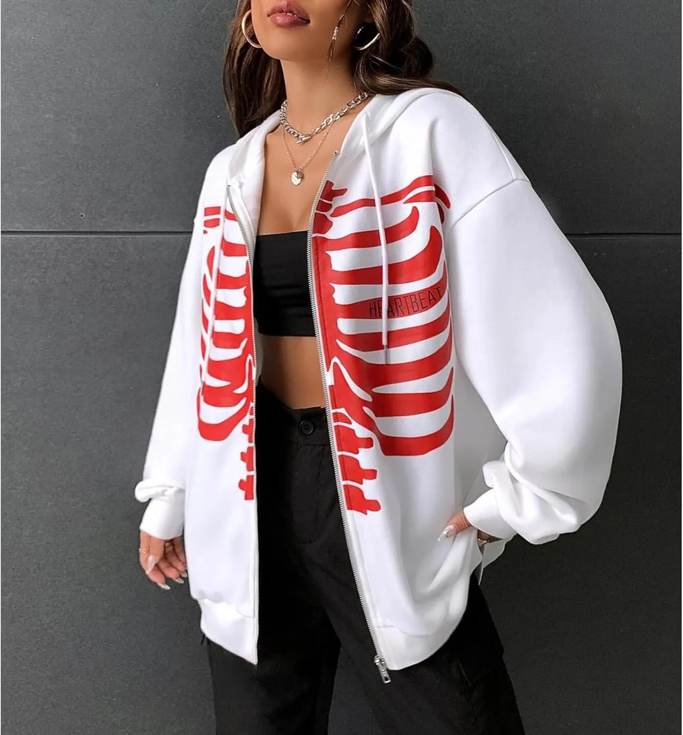 Women Men Oversized Zip Up Hoodie Sweatshirt Rhinestone Skeleton Sweatshirt Loose Fit Aesthetic Hoodies