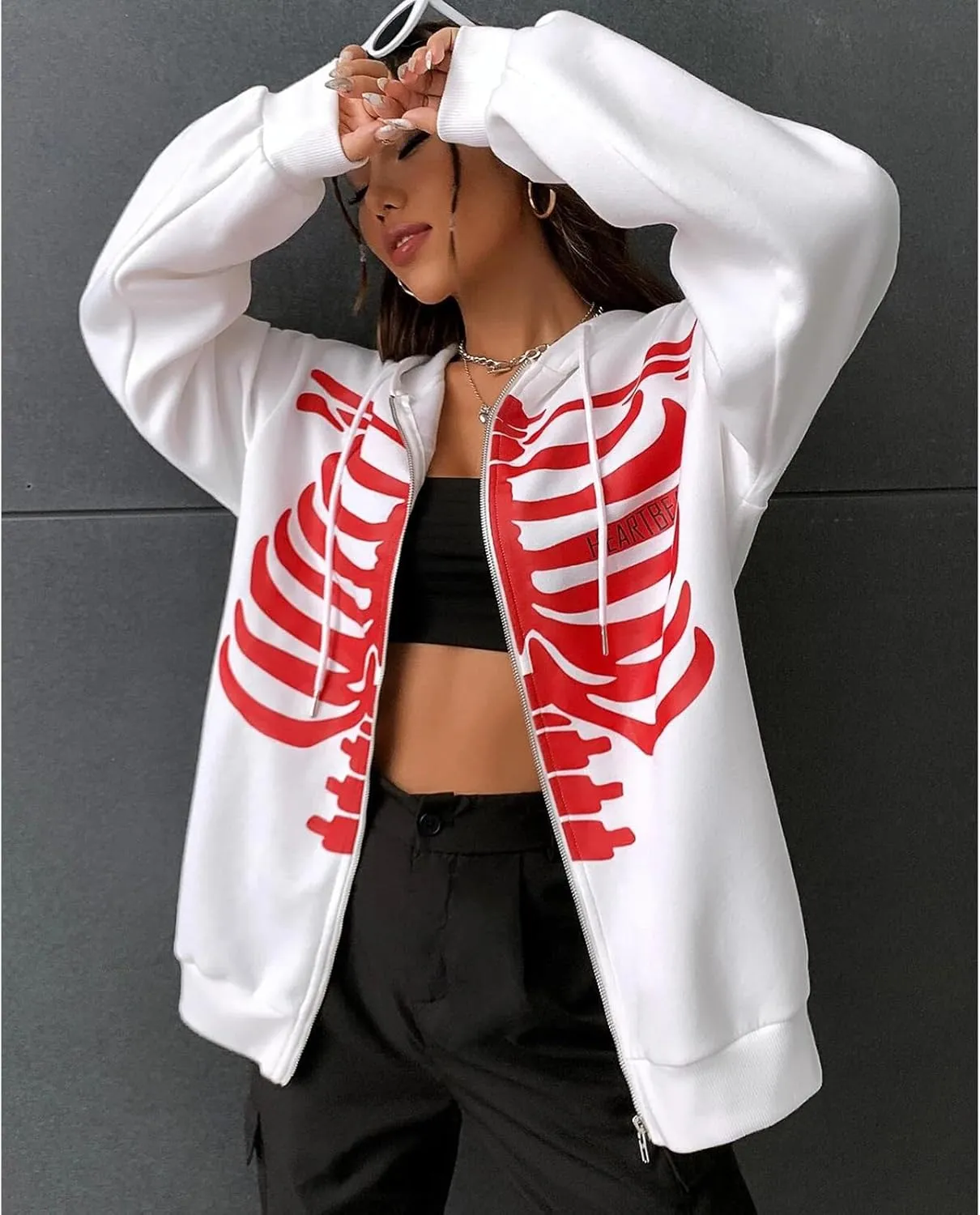 Women Men Oversized Zip Up Hoodie Sweatshirt Rhinestone Skeleton Sweatshirt Loose Fit Aesthetic Hoodies