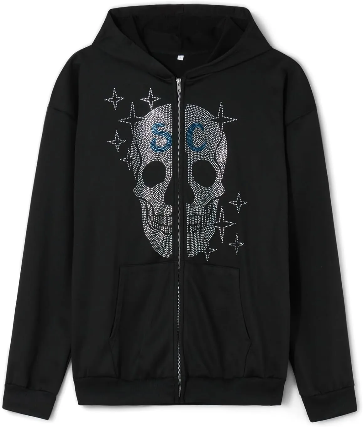 Women Men Oversized Zip Up Hoodie Sweatshirt Rhinestone Skeleton Sweatshirt Loose Fit Aesthetic Hoodies