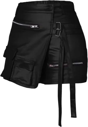 Women Metallic Cargo Leather Shorts Metallic High Waisted Irregular Split Sexy Rave Asymmetrical Streetwear Skorts