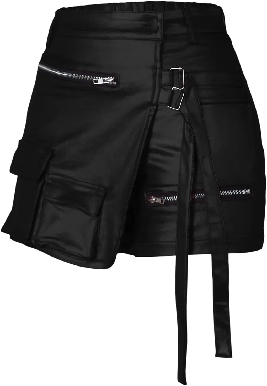 Women Metallic Cargo Leather Shorts Metallic High Waisted Irregular Split Sexy Rave Asymmetrical Streetwear Skorts