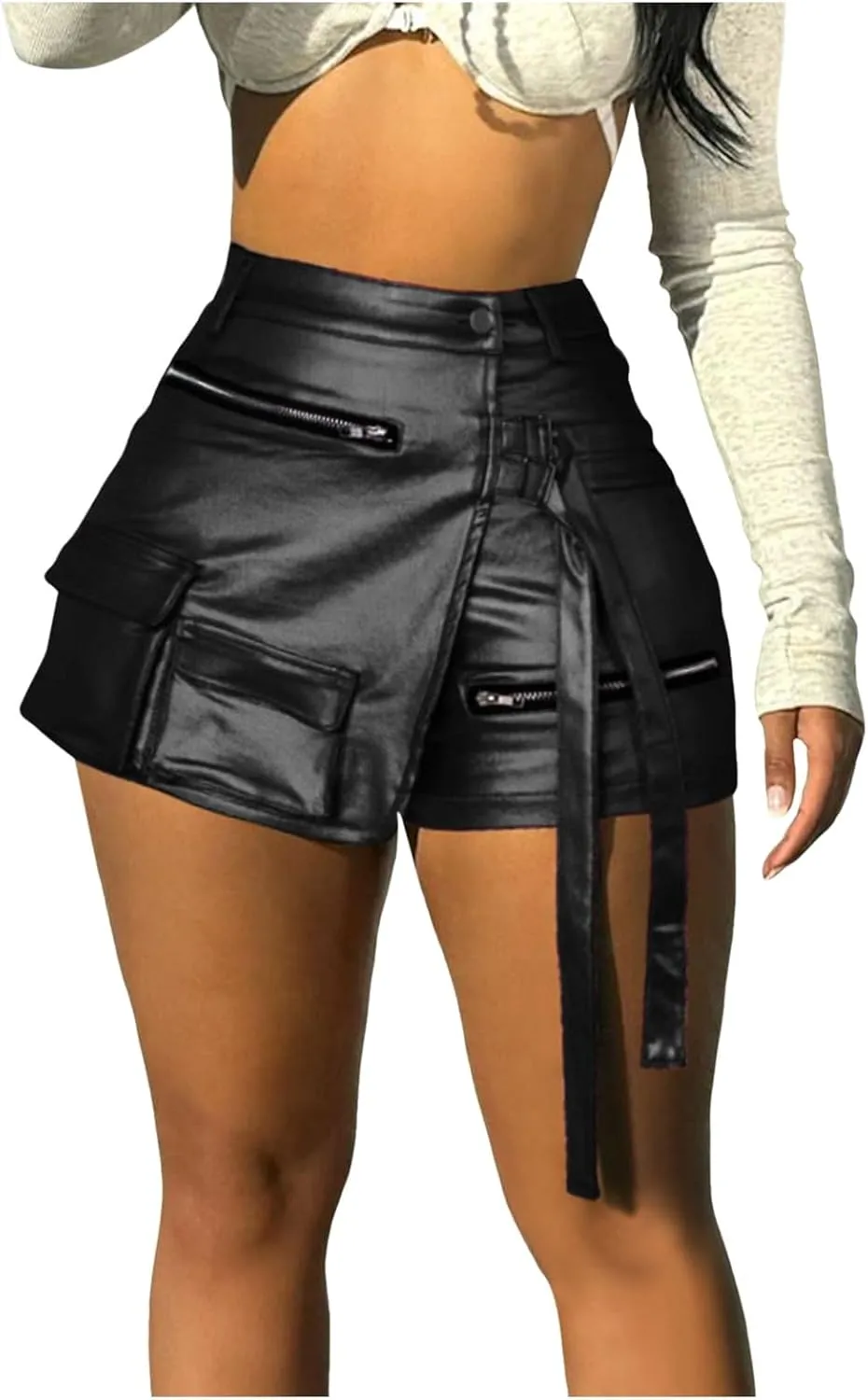 Women Metallic Cargo Leather Shorts Metallic High Waisted Irregular Split Sexy Rave Asymmetrical Streetwear Skorts
