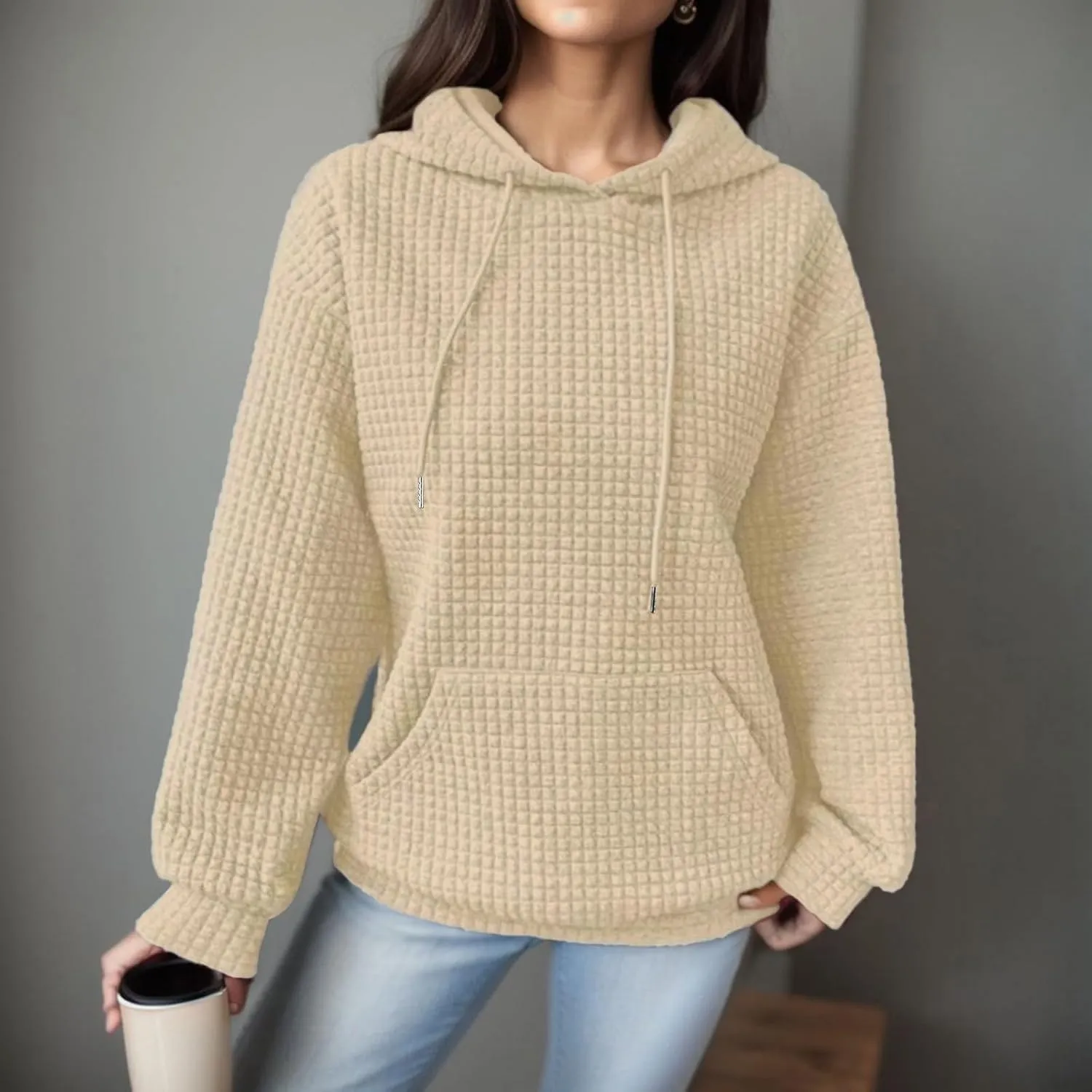 Women Oversized Hoodies Casual Basic Waffle Long Sleeve Pullover Top Solid Hooded Sweatshirt with Pocket