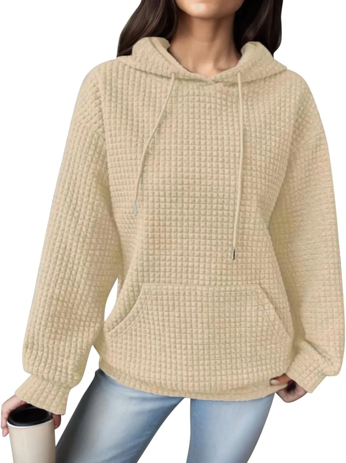Women Oversized Hoodies Casual Basic Waffle Long Sleeve Pullover Top Solid Hooded Sweatshirt with Pocket