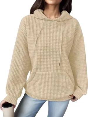 Women Oversized Hoodies Casual Basic Waffle Long Sleeve Pullover Top Solid Hooded Sweatshirt with Pocket