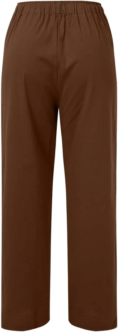 Women Summer High Waist Cotton Linen Palazzo Pants, Wide Leg Long Lounge Pant Trousers Comfy Straight Pants with Pockets