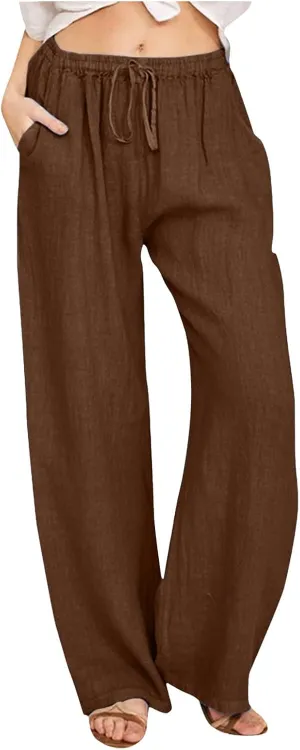 Women Summer High Waist Cotton Linen Palazzo Pants, Wide Leg Long Lounge Pant Trousers Comfy Straight Pants with Pockets