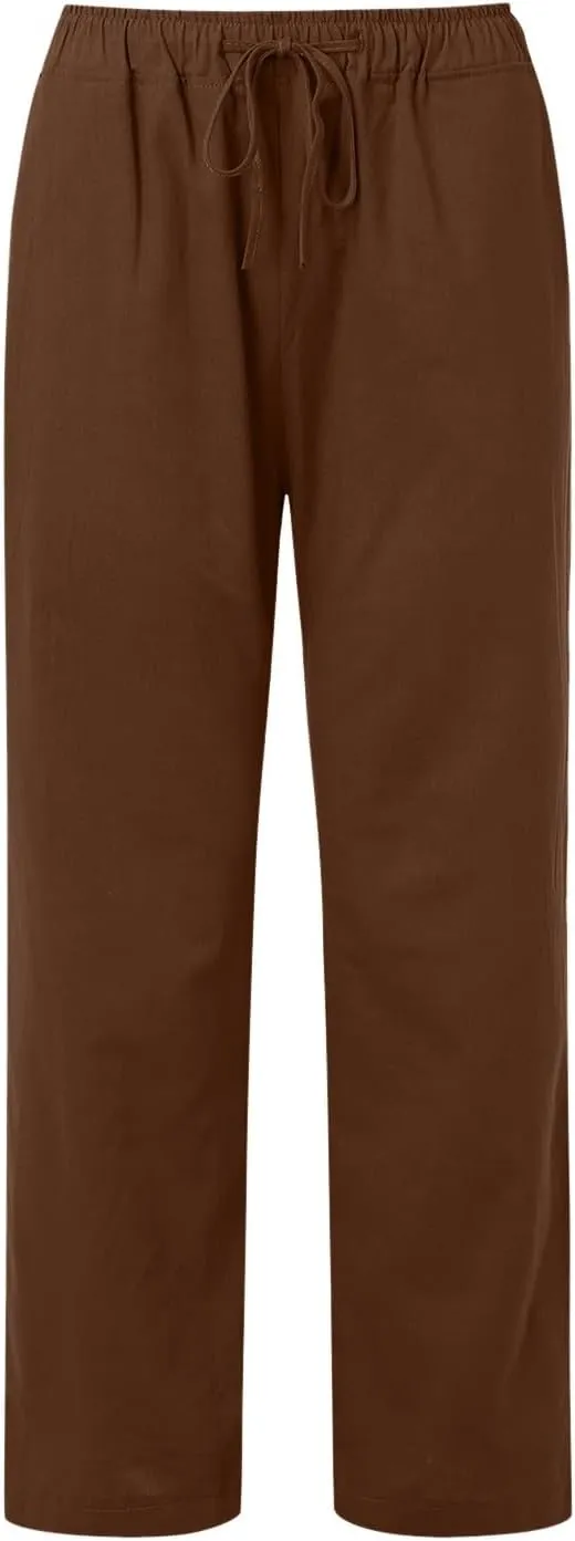 Women Summer High Waist Cotton Linen Palazzo Pants, Wide Leg Long Lounge Pant Trousers Comfy Straight Pants with Pockets