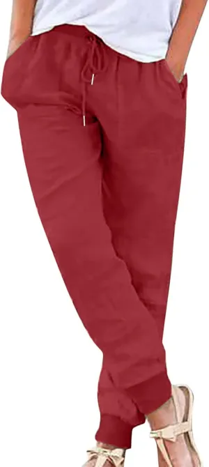 Women Tapered Pant Cotton Linen Drawstring Elastic Waist Pants Summer Casual Classic Petite Trouser Slacks with Pocket