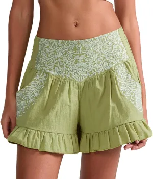 Women Y2k Ruffled Hem Shorts Vintage Textured Embroidery High Rise Wide Leg Short Casual Beachy Skorts with Pockets