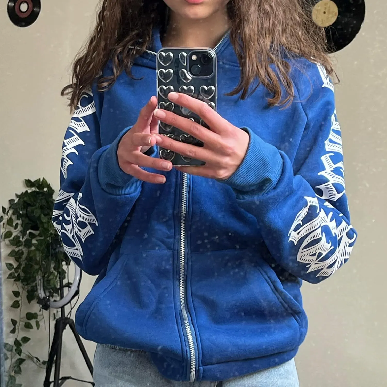 Women Zip Up Hoodie Y2k Letter Graphic Print Rhinestone Oversized Hoodies Gothic Jacket Vintage Streetwear