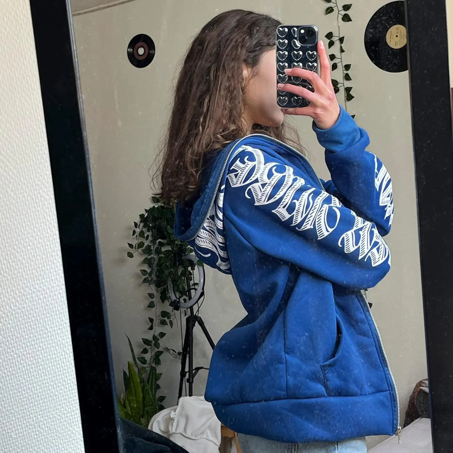 Women Zip Up Hoodie Y2k Letter Graphic Print Rhinestone Oversized Hoodies Gothic Jacket Vintage Streetwear