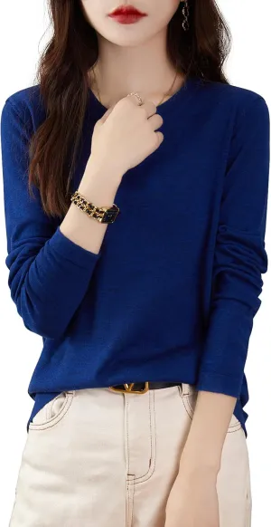 Women's 100% Merino Wool Base Layer Shirt Tops Crewneck Long Sleeve Travel Hiking Tee T Shirt Pullover Sweater