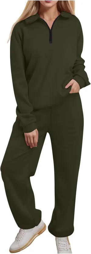 Womens 2 Piece Outfits Lounge Half Zip Hoodie Sweatsuit Sets Oversized Sweatshirt Baggy Fall Fashion Sweatpants A-Green