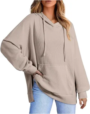 Women's 2025 Waffle Knit Hoodies Stylish Oversized Sweatshirts with Drawstring Hooded Lightweight Athletic Hoody Tops