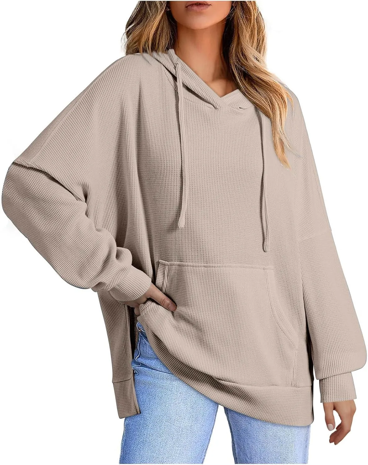 Women's 2025 Waffle Knit Hoodies Stylish Oversized Sweatshirts with Drawstring Hooded Lightweight Athletic Hoody Tops