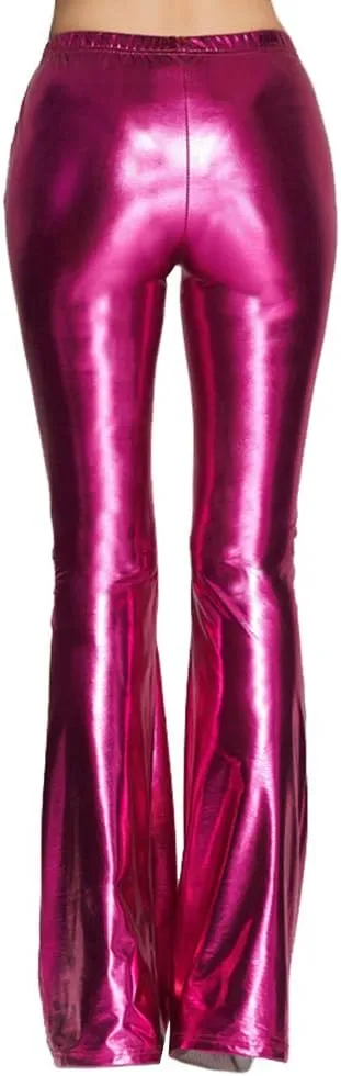 Women's 70s Disco Dance Party Shiny Metallic Flare Leggings High Waist Wide Leg Bootcut Palazzo Glam Yoga Trousers