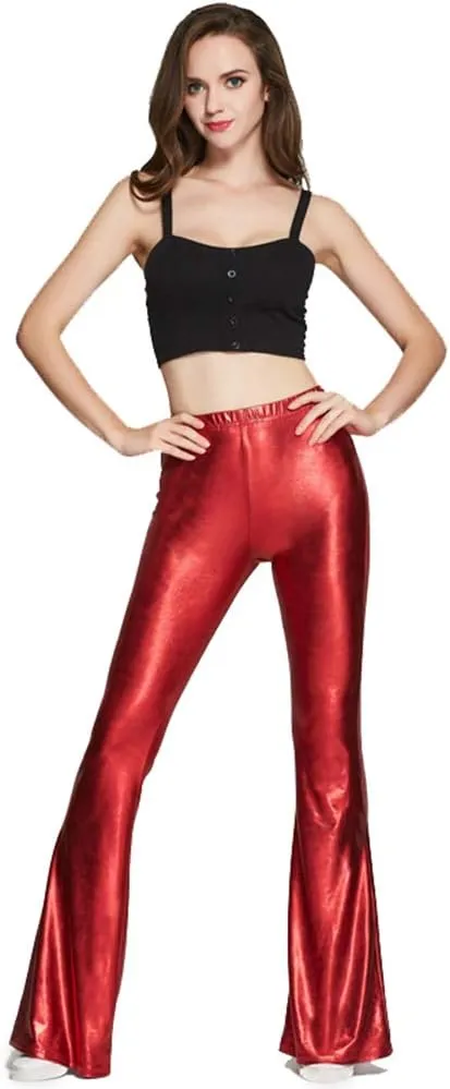 Women's 70s Disco Dance Party Shiny Metallic Flare Leggings High Waist Wide Leg Bootcut Palazzo Glam Yoga Trousers