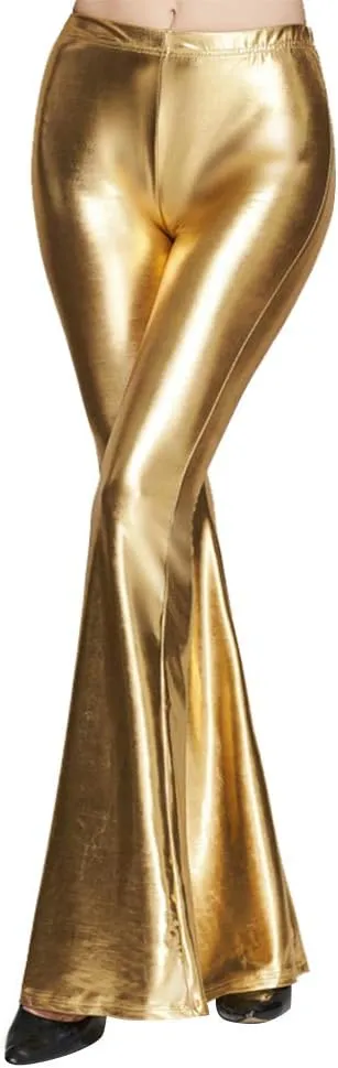 Women's 70s Disco Dance Party Shiny Metallic Flare Leggings High Waist Wide Leg Bootcut Palazzo Glam Yoga Trousers