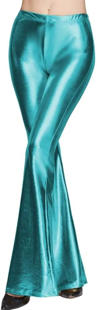 Women's 70s Disco Dance Party Shiny Metallic Flare Leggings High Waist Wide Leg Bootcut Palazzo Glam Yoga Trousers
