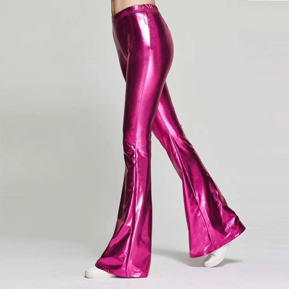 Women's 70s Disco Dance Party Shiny Metallic Flare Leggings High Waist Wide Leg Bootcut Palazzo Glam Yoga Trousers