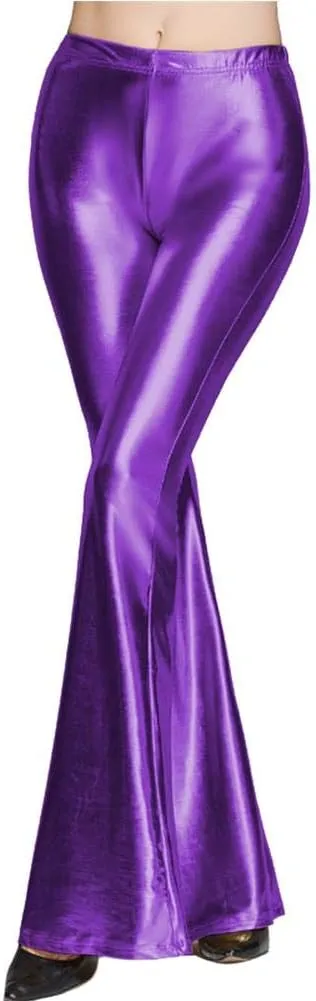 Women's 70s Disco Dance Party Shiny Metallic Flare Leggings High Waist Wide Leg Bootcut Palazzo Glam Yoga Trousers