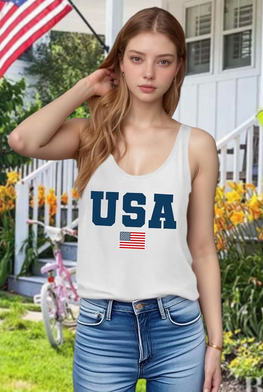 Womens American Flag Shirts 4th of July Outfits USA T-Shirt Patriotic Tank Shirt Fourth of July Sleeveless Tops