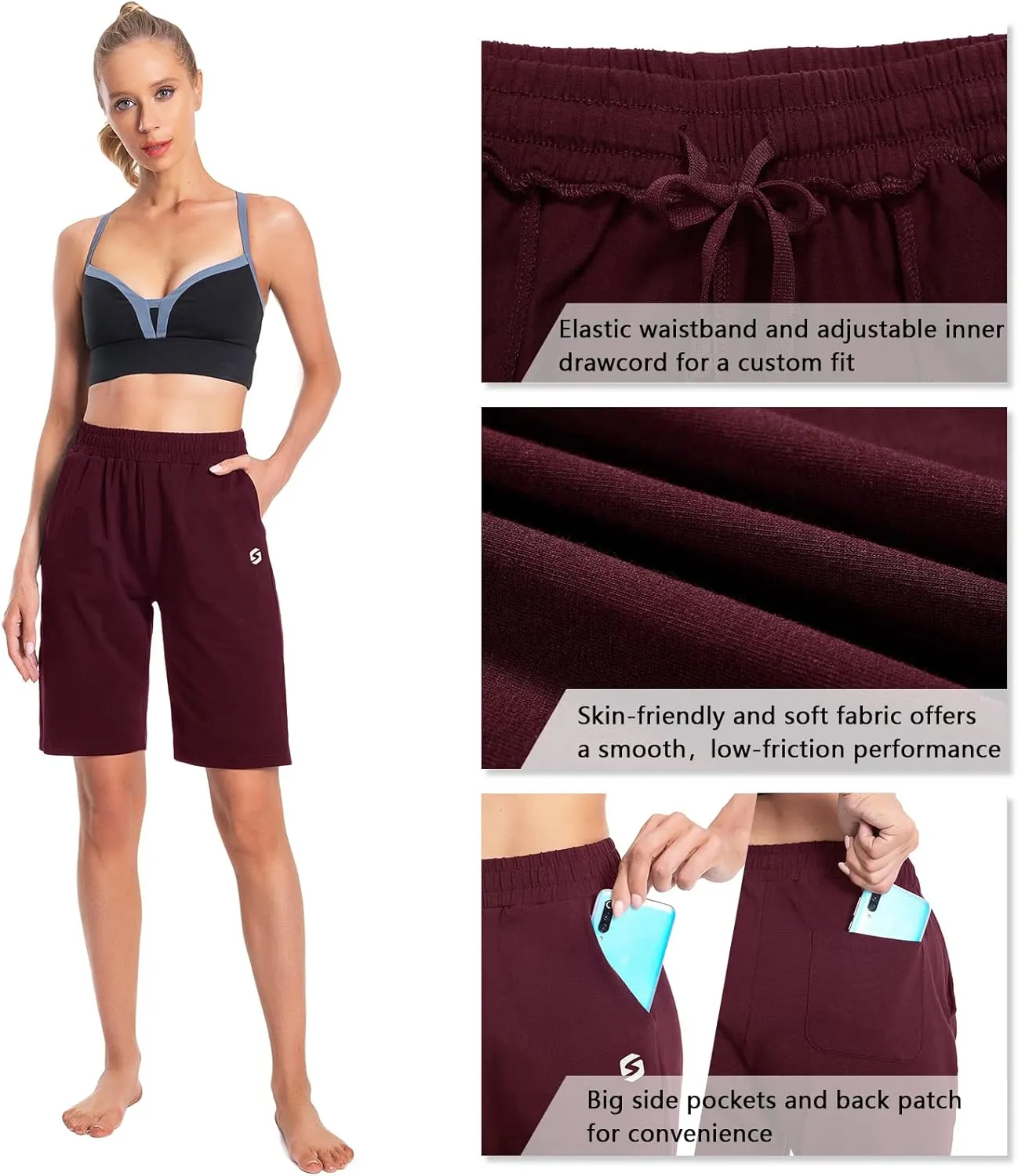 Women's Bermuda Shorts Long Cotton Sweat Knit Shorts with Pockets Lounge Athletic Workout Gym Knee Length
