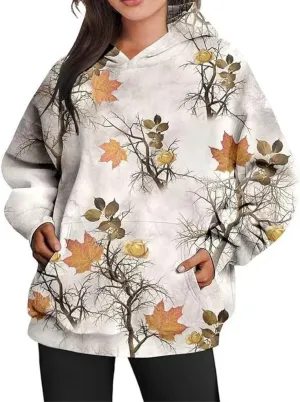 Womens Camo Hoodie Maple Leaf Print Oversized Pullover Sweatshirt Men Casual Loose Fit Long Sleeve Hoodies with Pocket