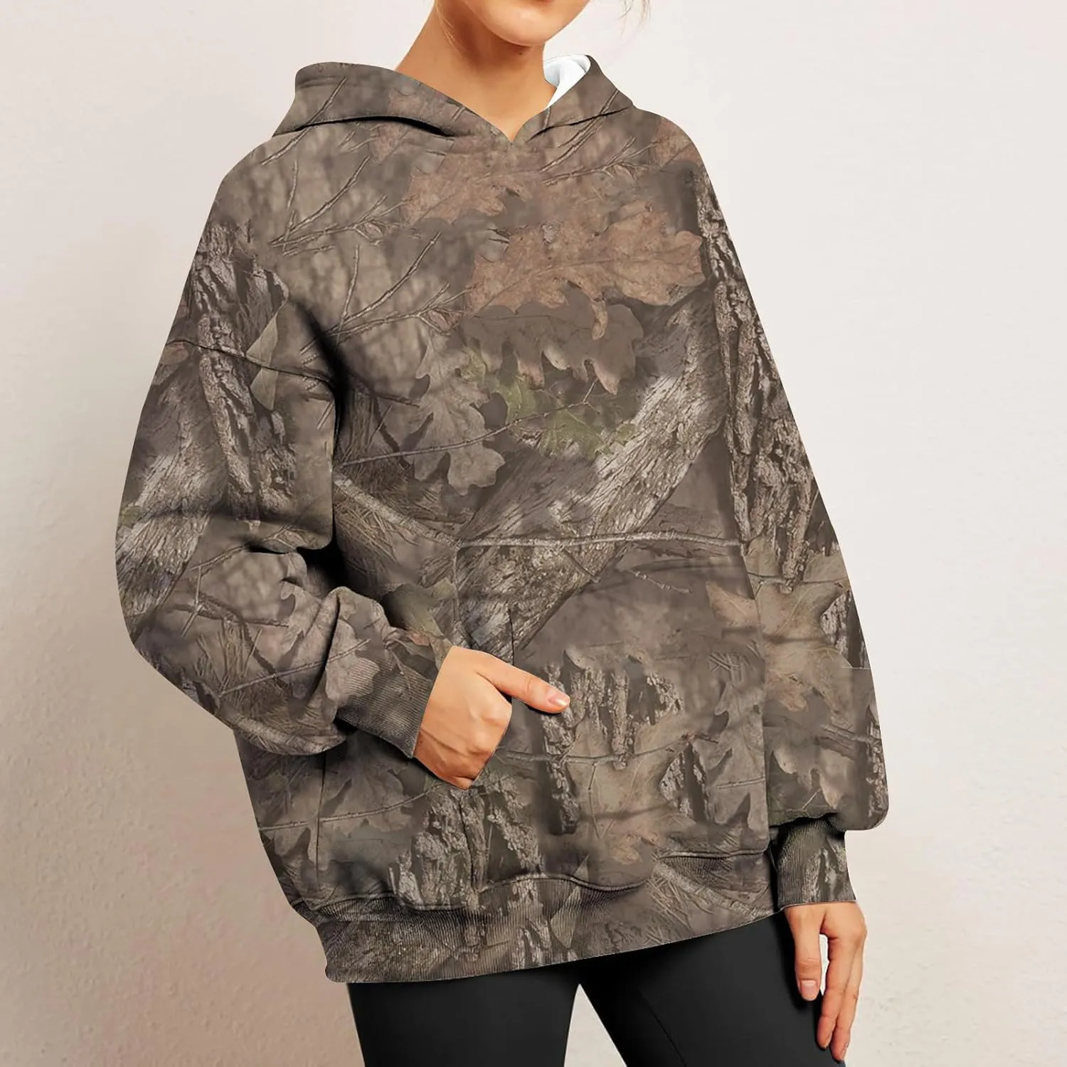 Women's Camo Hoodie Maple-Leaf Print Oversized Sweatshirt Fleece Hooded Sweatshirts with Pocket Casual Fall Pullover