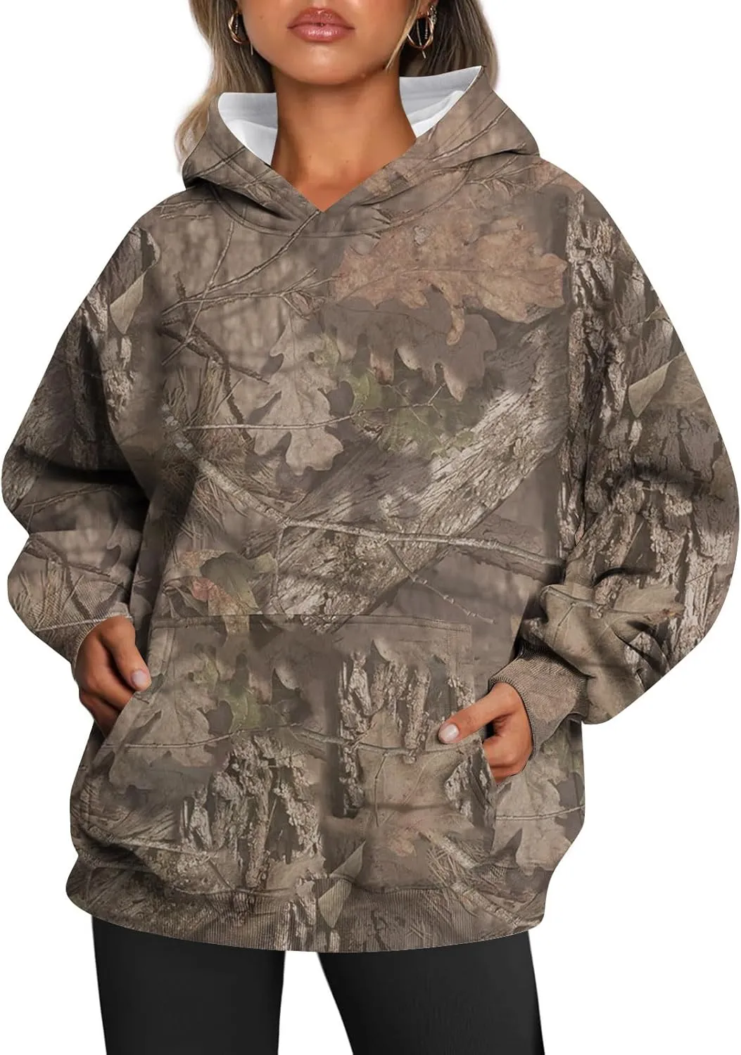Women's Camo Hoodie Maple-Leaf Print Oversized Sweatshirt Fleece Hooded Sweatshirts with Pocket Casual Fall Pullover