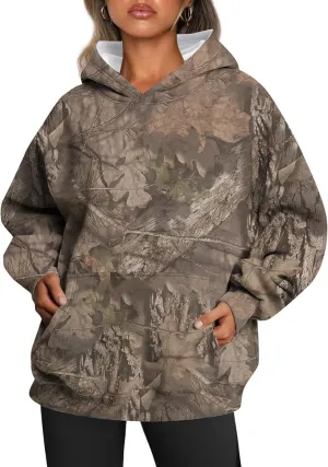 Women's Camo Hoodie Maple-Leaf Print Oversized Sweatshirt Fleece Hooded Sweatshirts with Pocket Casual Fall Pullover