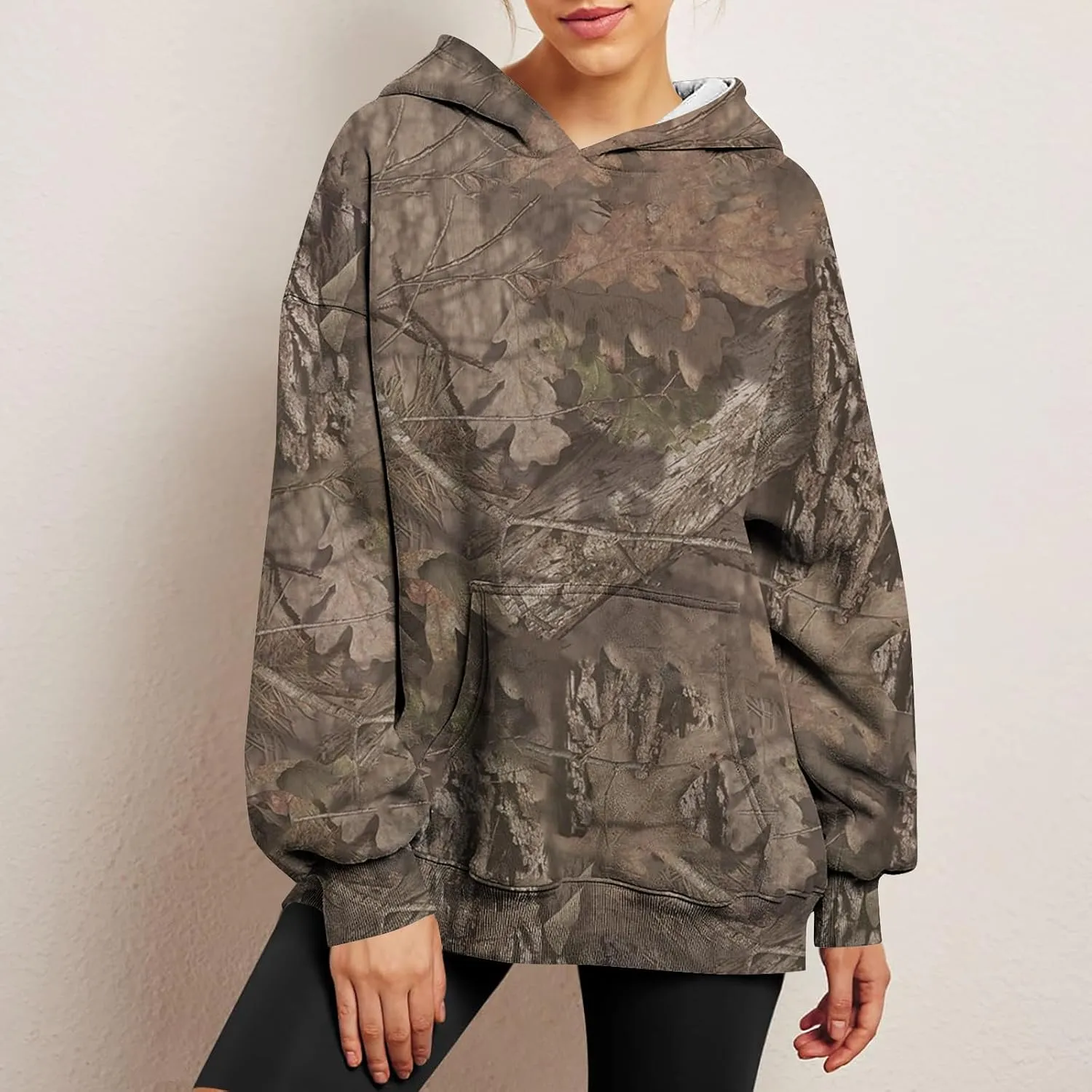 Women's Camo Hoodie Maple-Leaf Print Oversized Sweatshirt Fleece Hooded Sweatshirts with Pocket Casual Fall Pullover