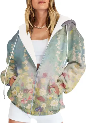 Womens Camo Zip Up Hoodie Long Sleeve Graphic Oversized Hooded Jackets Fleece Camouflage Hoodie with Pockets