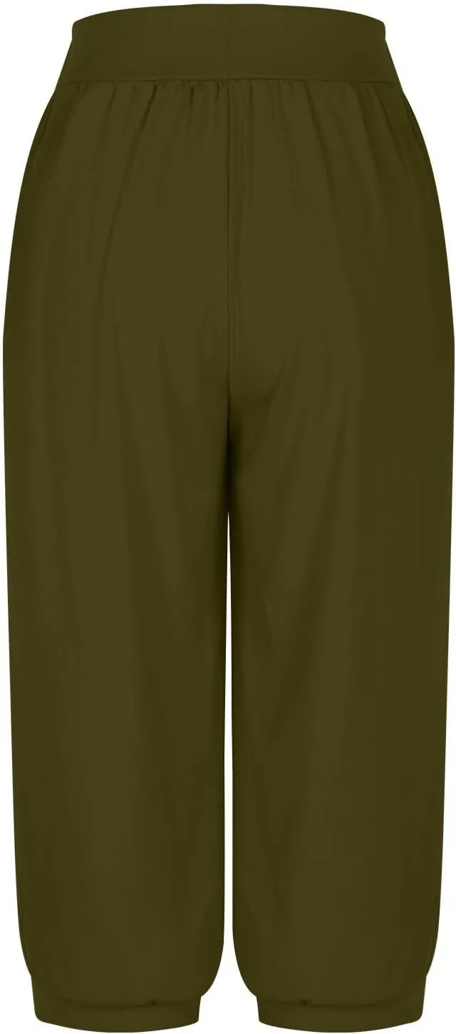 Womens Capri Pant 2024 Summer Fashion High Waisted Elastic Lounge Pant Solid Cropped Button-On Pockets Pants