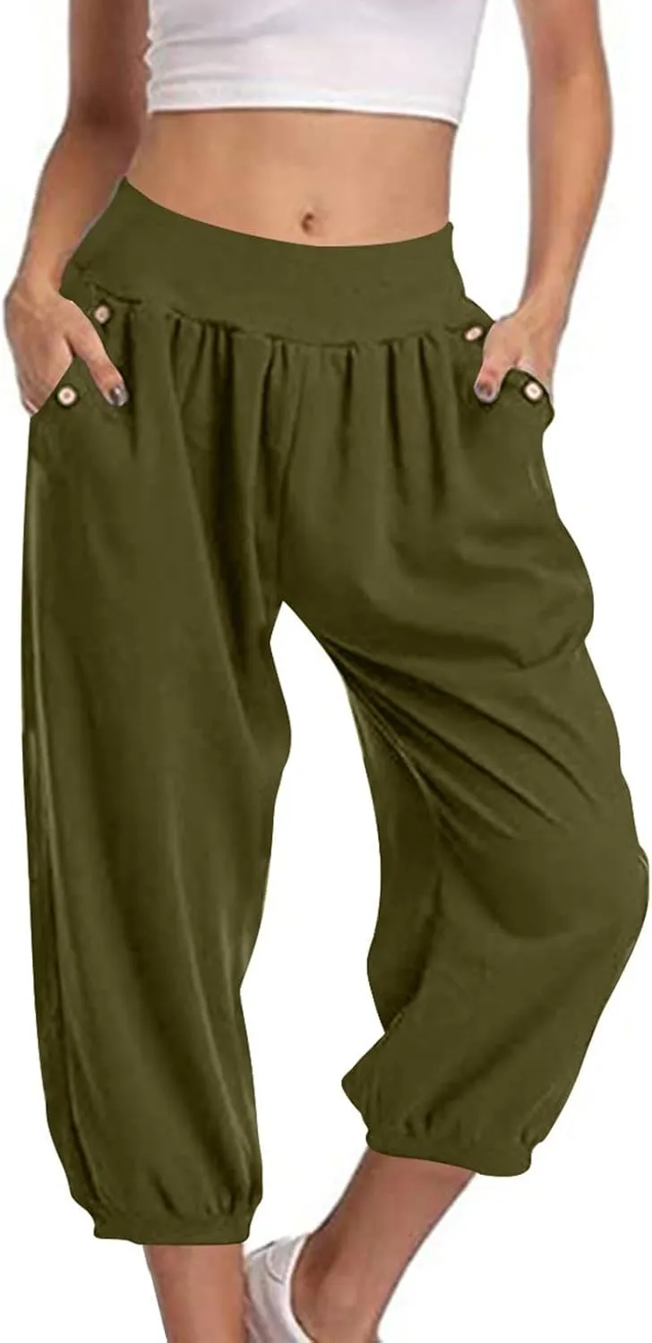 Womens Capri Pant 2024 Summer Fashion High Waisted Elastic Lounge Pant Solid Cropped Button-On Pockets Pants