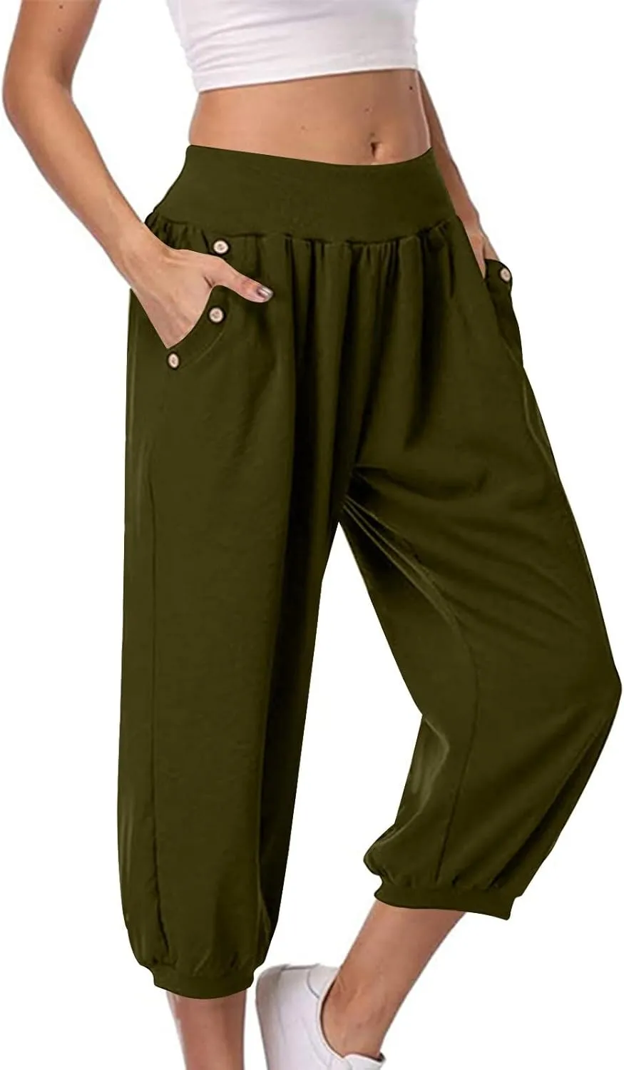Womens Capri Pant 2024 Summer Fashion High Waisted Elastic Lounge Pant Solid Cropped Button-On Pockets Pants