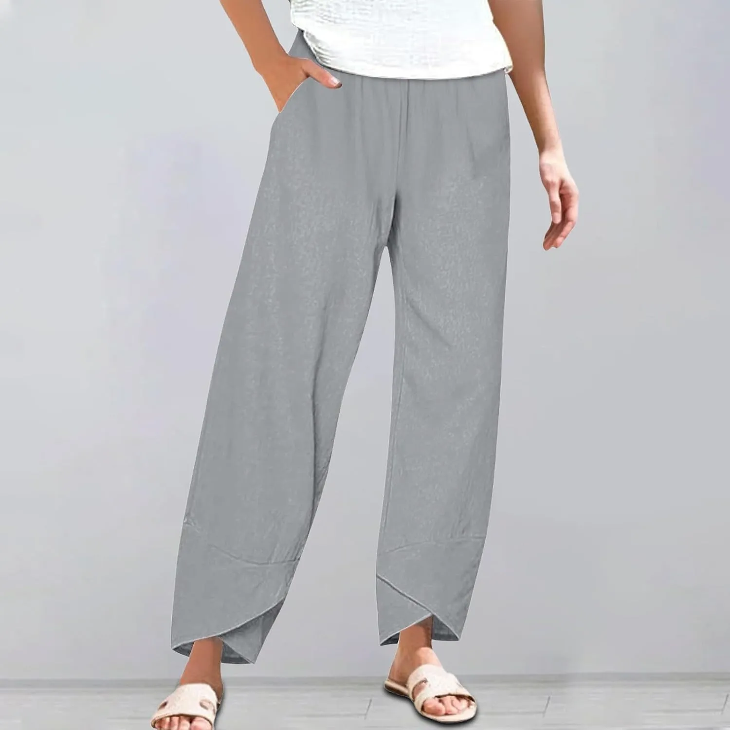 Women's Capri Pants Casual Cotton Linen Cropped Lounge Pants Trousers Pockets Elastic Waist Capris Pant for Women