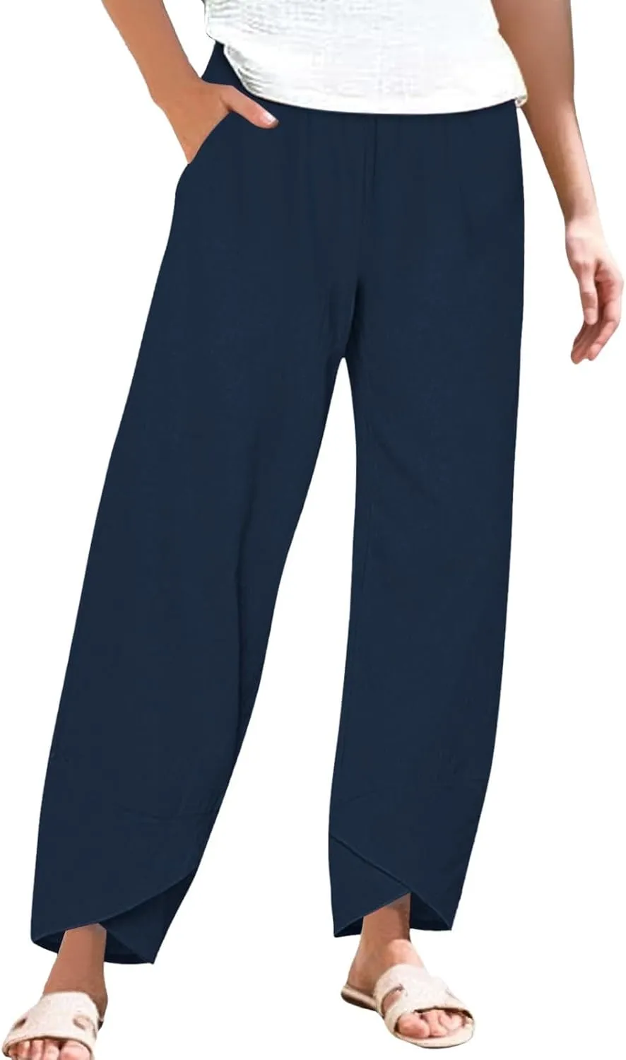 Women's Capri Pants Casual Cotton Linen Cropped Lounge Pants Trousers Pockets Elastic Waist Capris Pant for Women