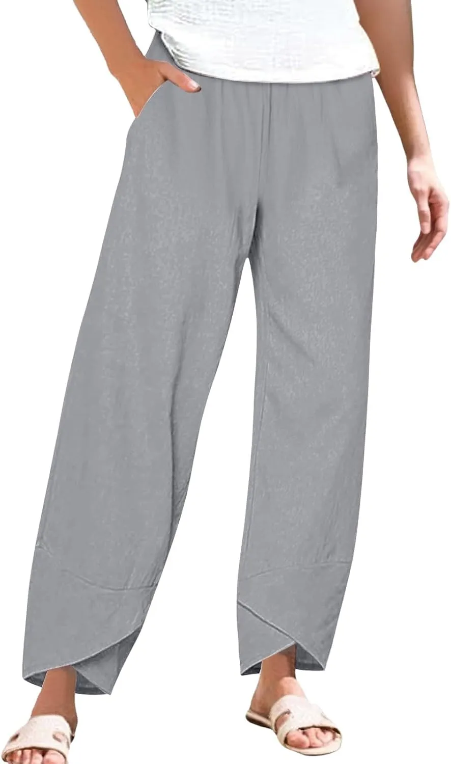 Women's Capri Pants Casual Cotton Linen Cropped Lounge Pants Trousers Pockets Elastic Waist Capris Pant for Women