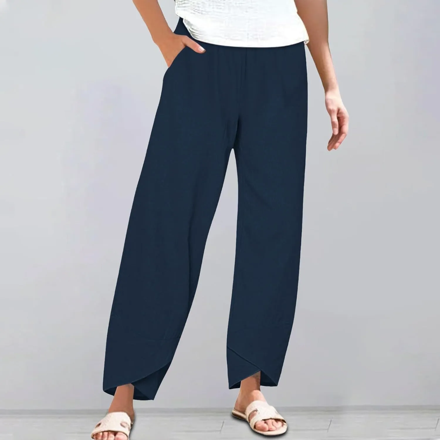 Women's Capri Pants Casual Cotton Linen Cropped Lounge Pants Trousers Pockets Elastic Waist Capris Pant for Women